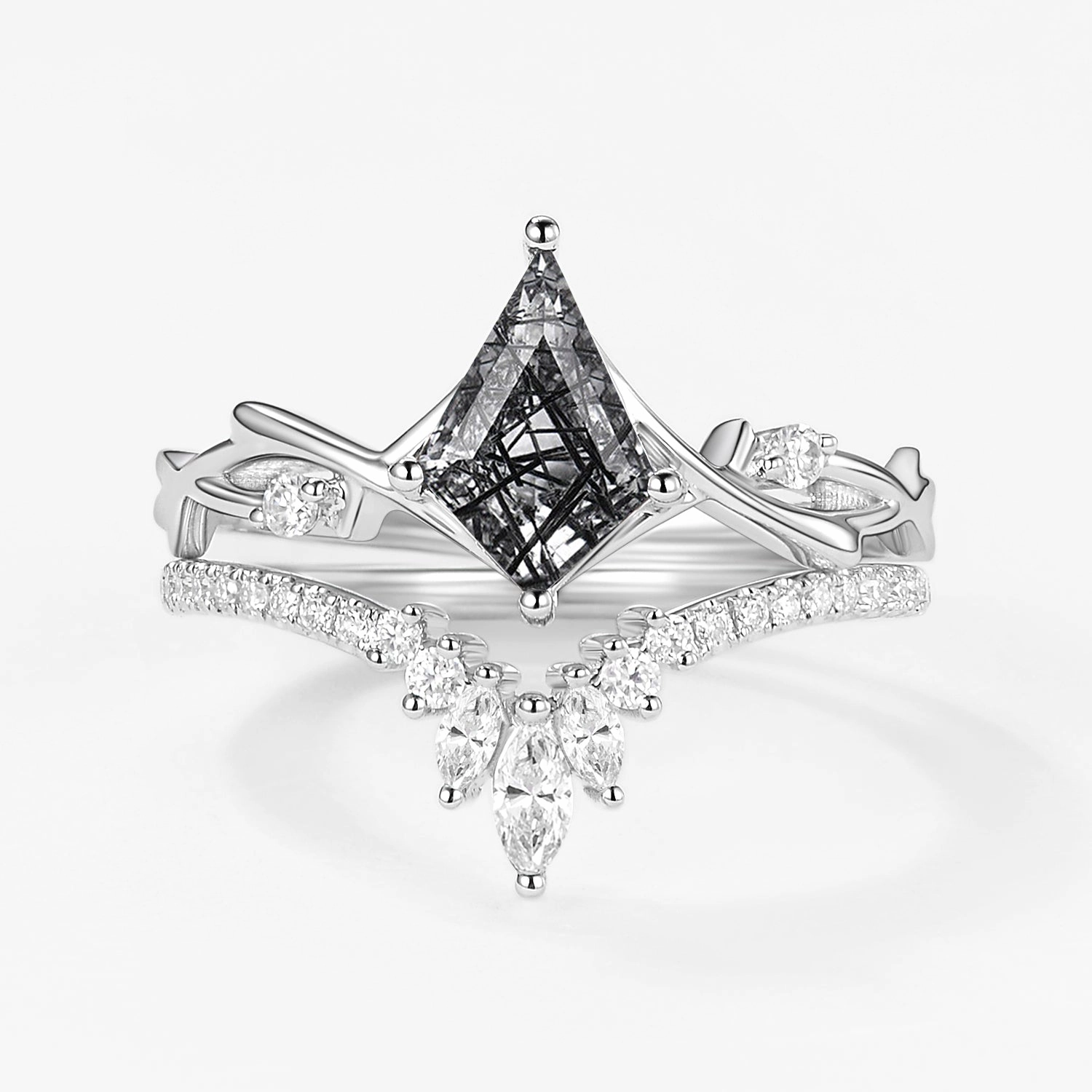 Kite Shape Branch Moss Agate Engagement Ring Sets 2pcs Seasonal Finish