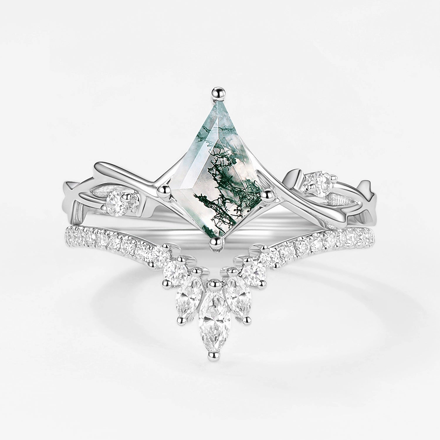 Fashion pieces Handmade pieces Kite Shape Branch Moss Agate Engagement Ring Sets 2pcs