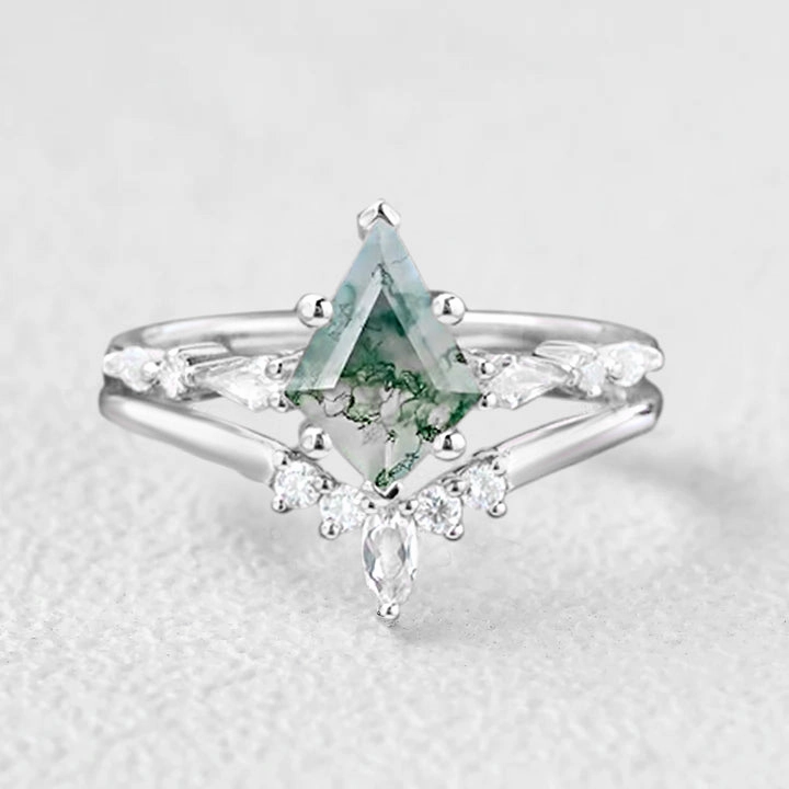 Pure Highlight Fresh Statement Kite Unique Moss Agate Engagement Ring Set 2pcs