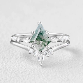 Statement Glow Statement Form Kite Unique Moss Agate Engagement Ring Set 2pcs
