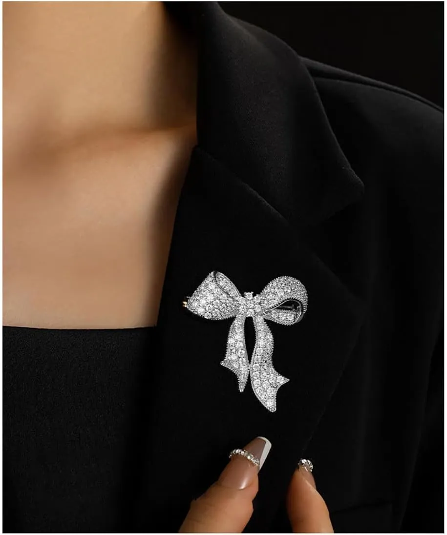 Kokoma Shiny Rhinestone Bow Knot Brooch Pin for Women CZ Crystal Bow Lapel Pins Ribbon Corsage Dress Suit Shirt Scraf Clip Safety Pins Dainty Clothes Accessories Jewelry
