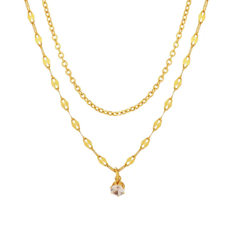 Korean Minimalist Double-Layer Zircon Necklace - Titanium Steel Collarbone Chain