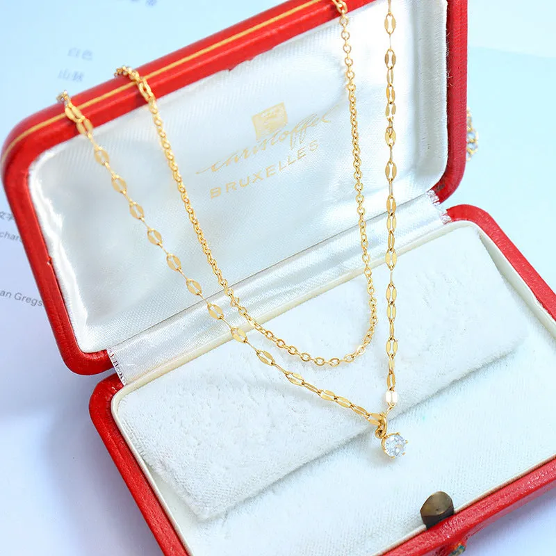 Korean Minimalist Double-Layer Zircon Necklace - Titanium Steel Collarbone Chain