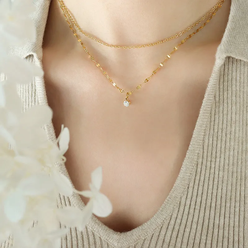 Korean Minimalist Double-Layer Zircon Necklace - Titanium Steel Collarbone Chain