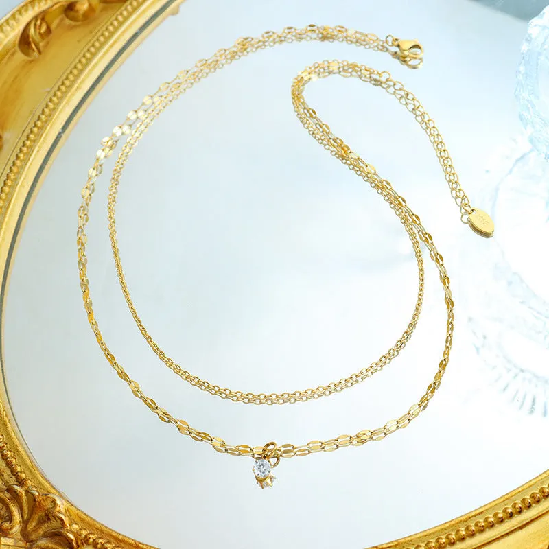 Korean Minimalist Double-Layer Zircon Necklace - Titanium Steel Collarbone Chain