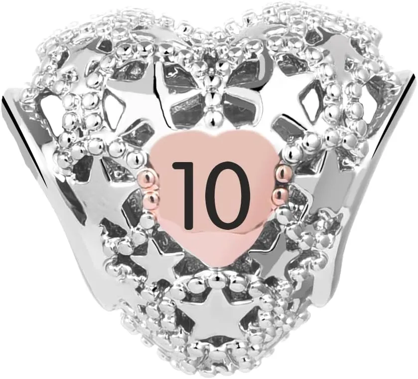 KunBead 12 13 16 18 21 30 40 50 60 70 Birthday Rose Gold Tone Heart Star Love Bead Charms Compatible with Pandora Charm Bracelets Jewelry for Women