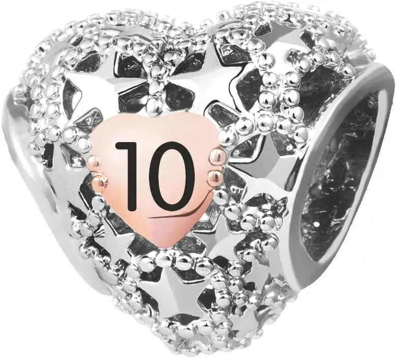 KunBead 12 13 16 18 21 30 40 50 60 70 Birthday Rose Gold Tone Heart Star Love Bead Charms Compatible with Pandora Charm Bracelets Jewelry for Women