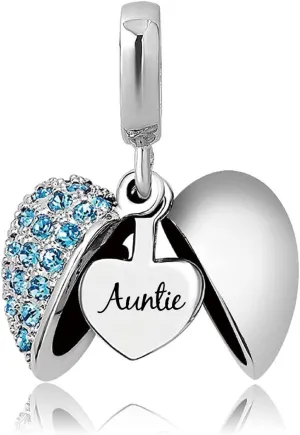 KunBead Auntie Aunt Love Openable Heart Birthstone Dangle Charms Compatible with Pandora Bracelet Necklace Birthday Jewelry Gifts for Women