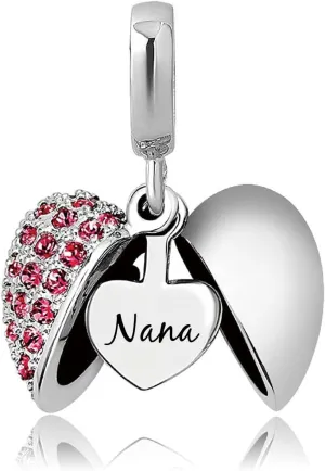 KunBead Grandma Nana Love Openable Heart Birthstone Dangle Charms Compatible with Pandora Bracelet Necklace Birthday Jewelry Gifts for Women