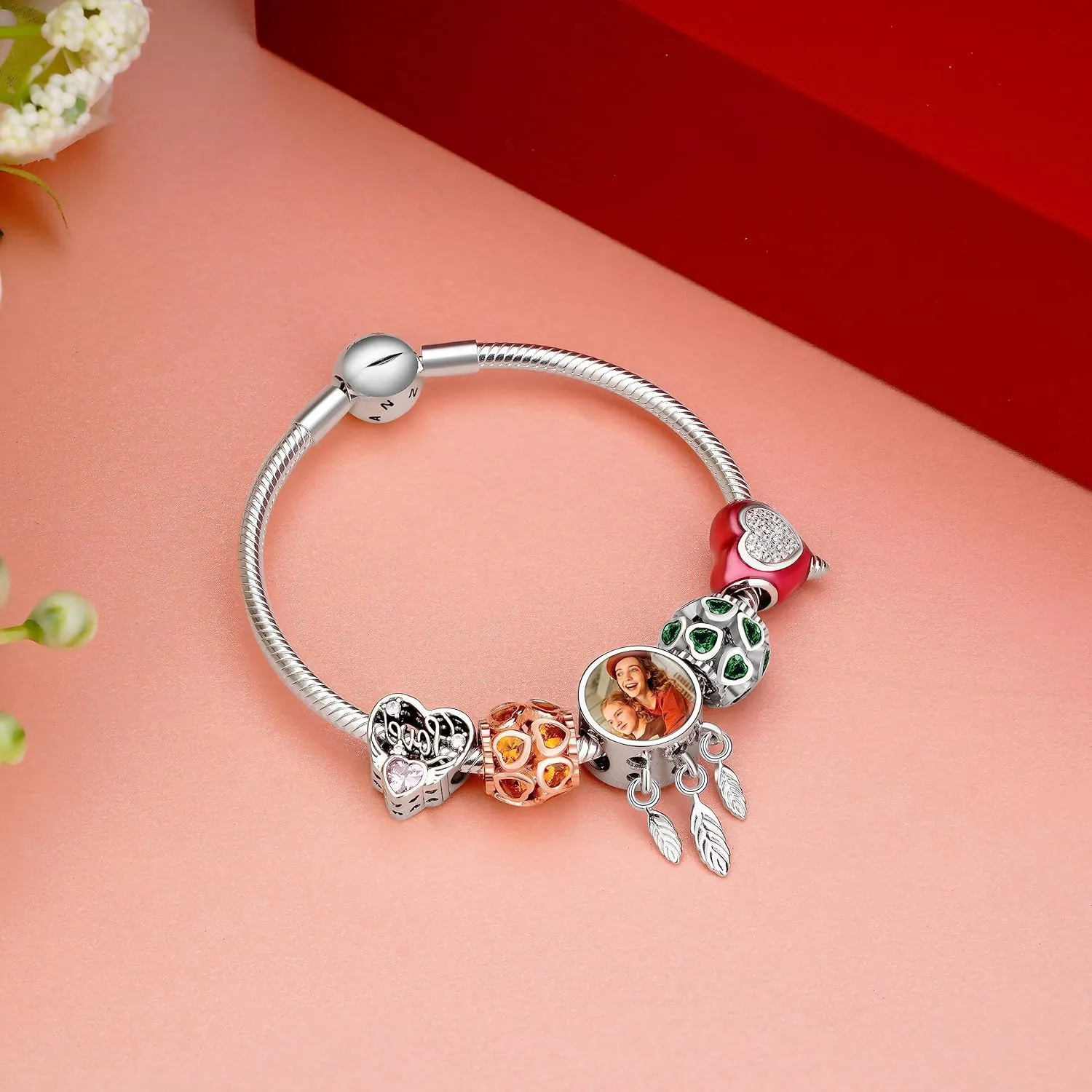 La Menars Personalized Photo Charms Heart Mom Pet Birth Flower Beads Sterling Silver Customize Picture Love Paw Print for Women Bracelets and Necklaces Gifts for Women