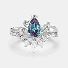 Iconic Feel Weekend Chic Lab Alexandrite & Moissanite White Gold Ring Set 2pcs