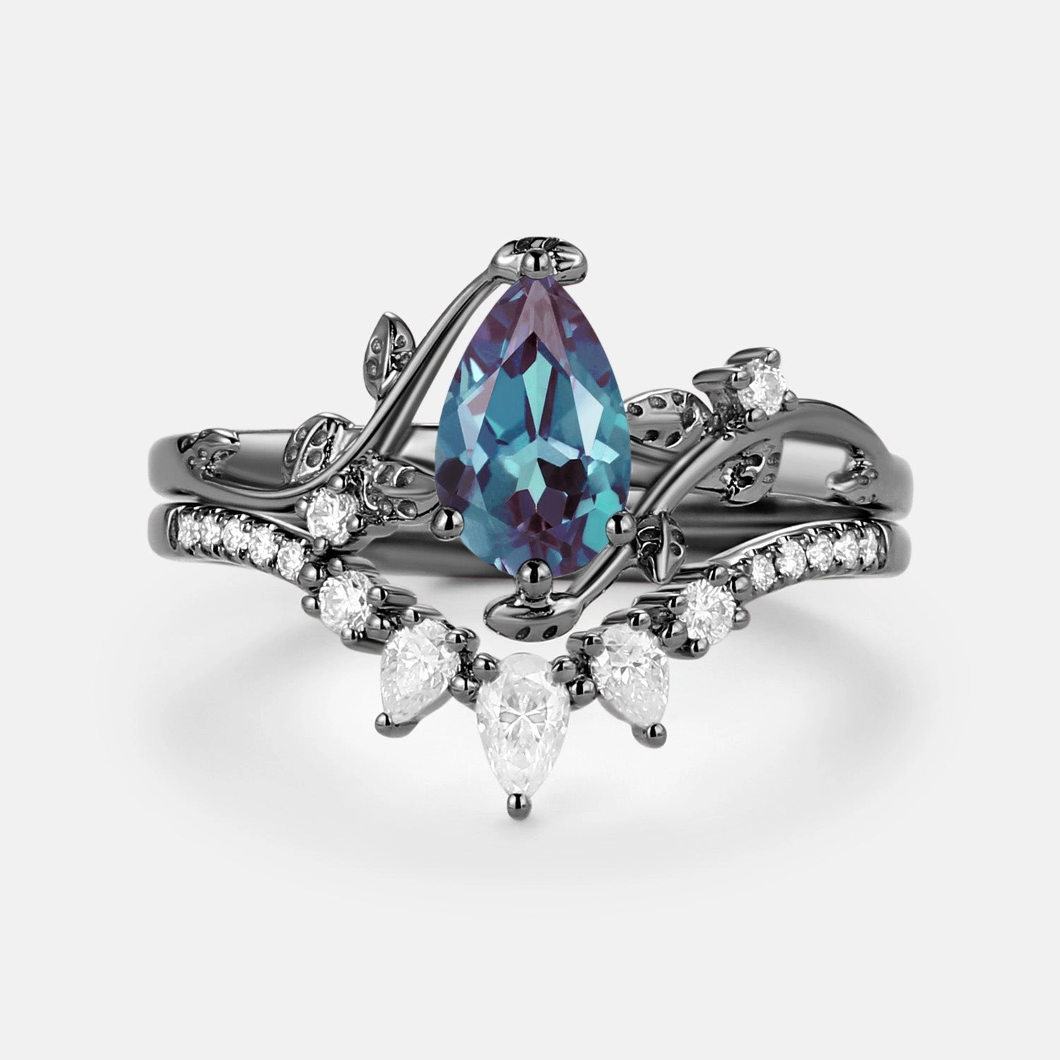 Artisan Flair Shimmer Detail Lab Alexandrite & Moissanite White Gold Ring Set 2pcs