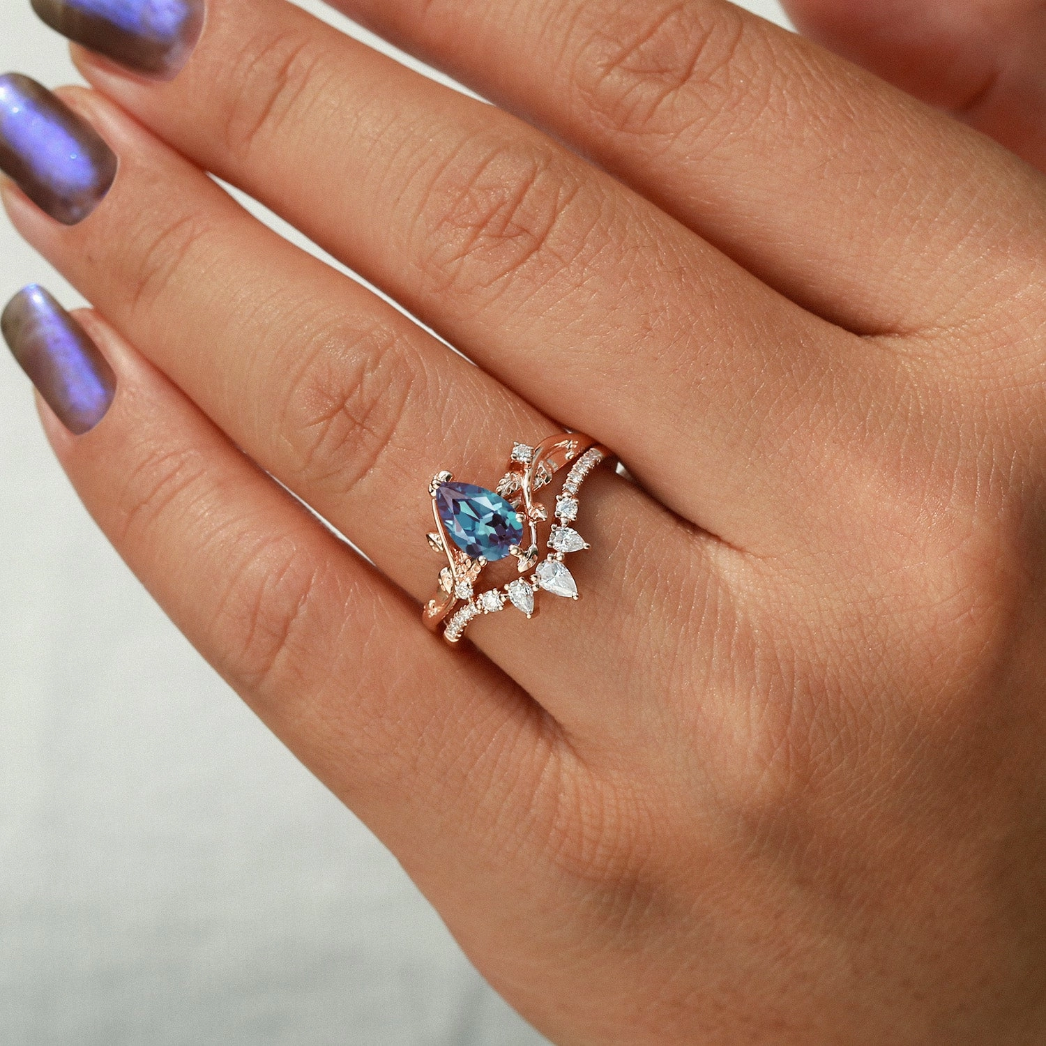 Lab Alexandrite & Moissanite White Gold Ring Set 2pcs Textile Shine Exclusive Look