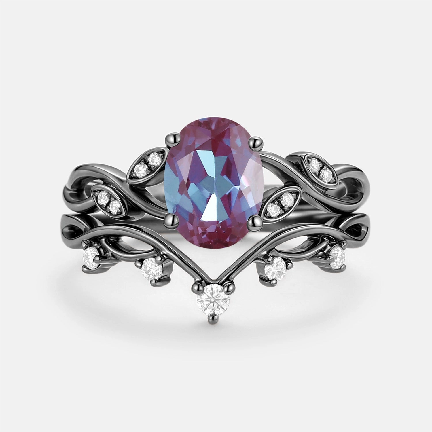 Lab Alexandrite Oval Cut Leaf Ring Set 2pcs - Eiryn Chic Duo All ages