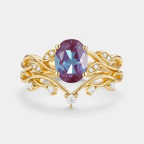 Impeccable Detail Distinctive Sparkle Lab Alexandrite Oval Cut Leaf Ring Set 2pcs - Eiryn