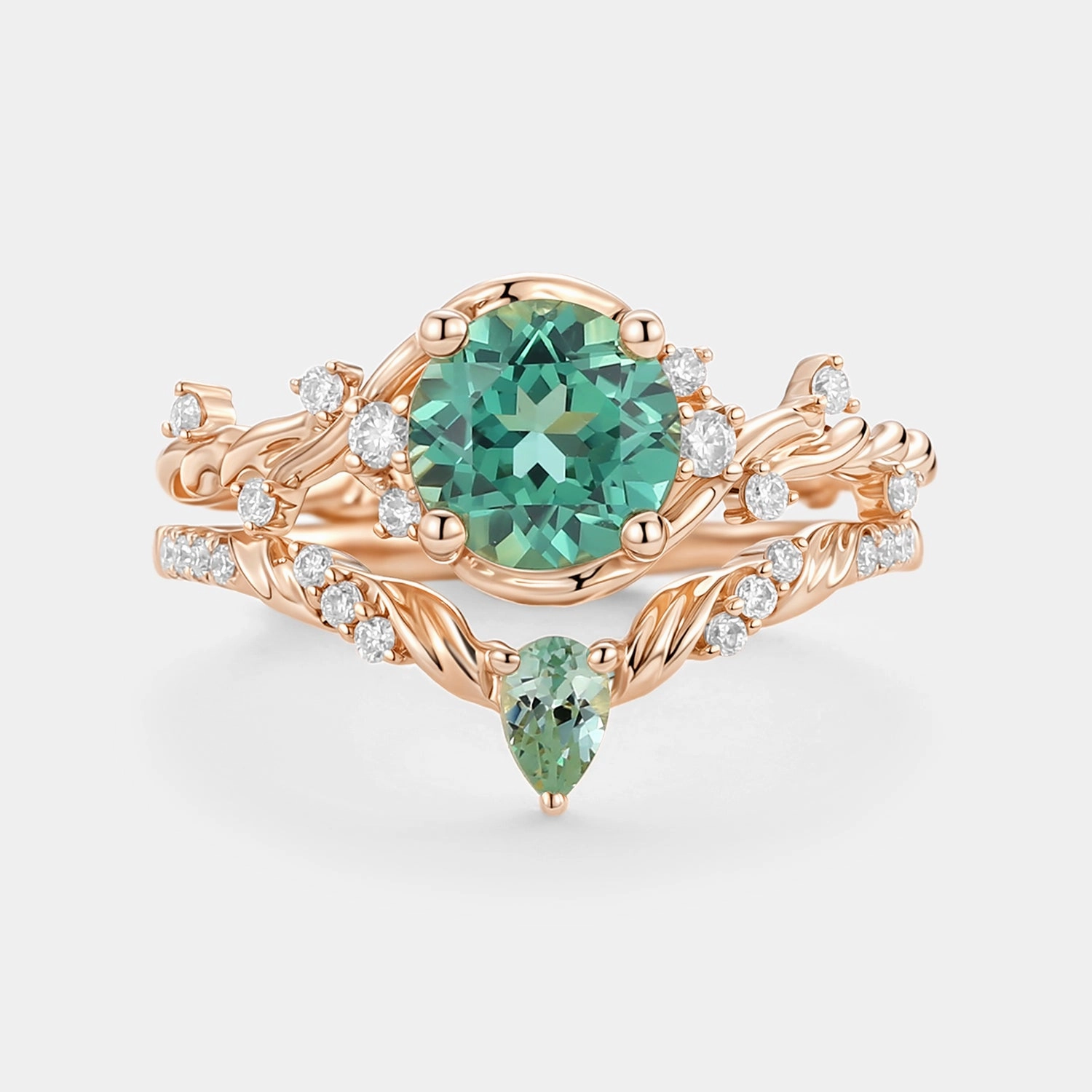 Seasonal Sparkle Lab Green Sapphire Round Cut Leafy Engagement Ring Set 2pcs - Verdi