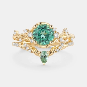 Gala Look Fresh Touch Lab Green Sapphire Round Cut Leafy Engagement Ring Set 2pcs - Verdi