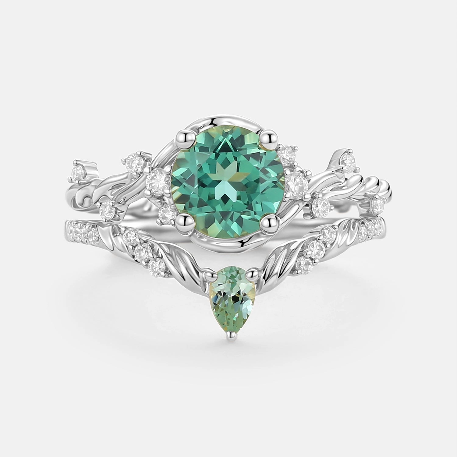 Elegant Creations Smart Casual Lab Green Sapphire Round Cut Leafy Engagement Ring Set 2pcs - Verdi