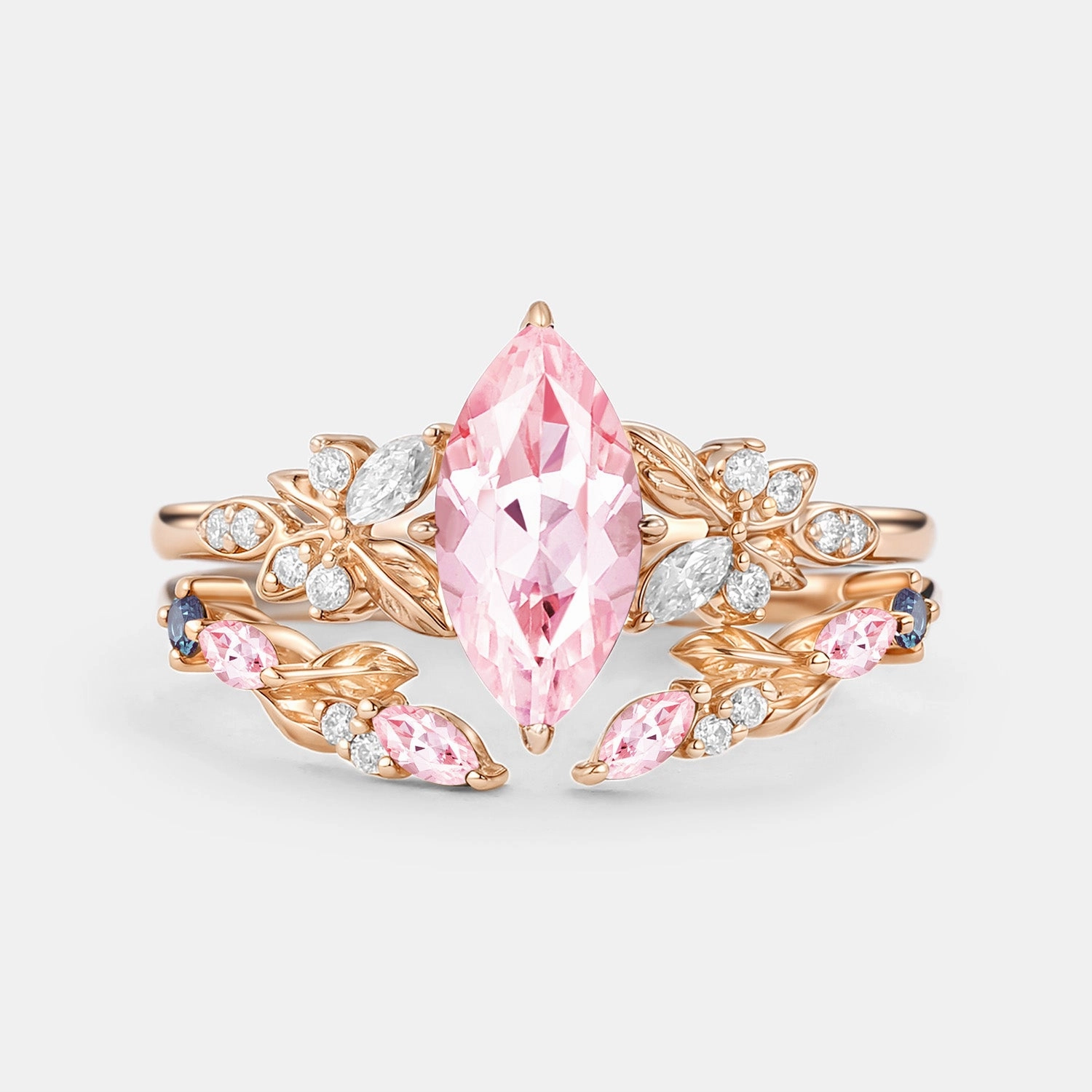 Lab Pink Sapphire Marquise Leafy Engagement Ring Sets 2pcs - Ines Creative Touch Classy Vibe