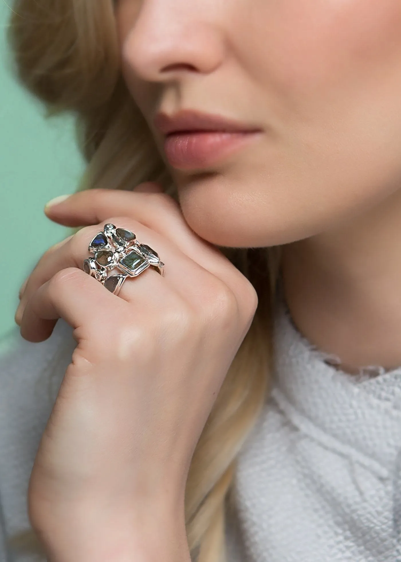 Labradorite & Diamond Sterling Mosaic Statement Ring