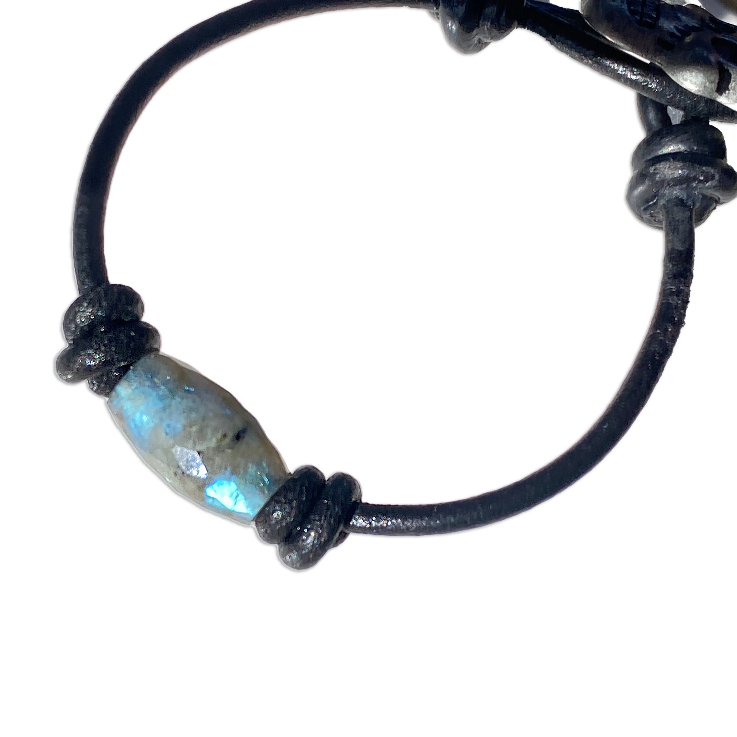 Labradorite gemstone Leather bracelet with Pewter Skull Button clasp