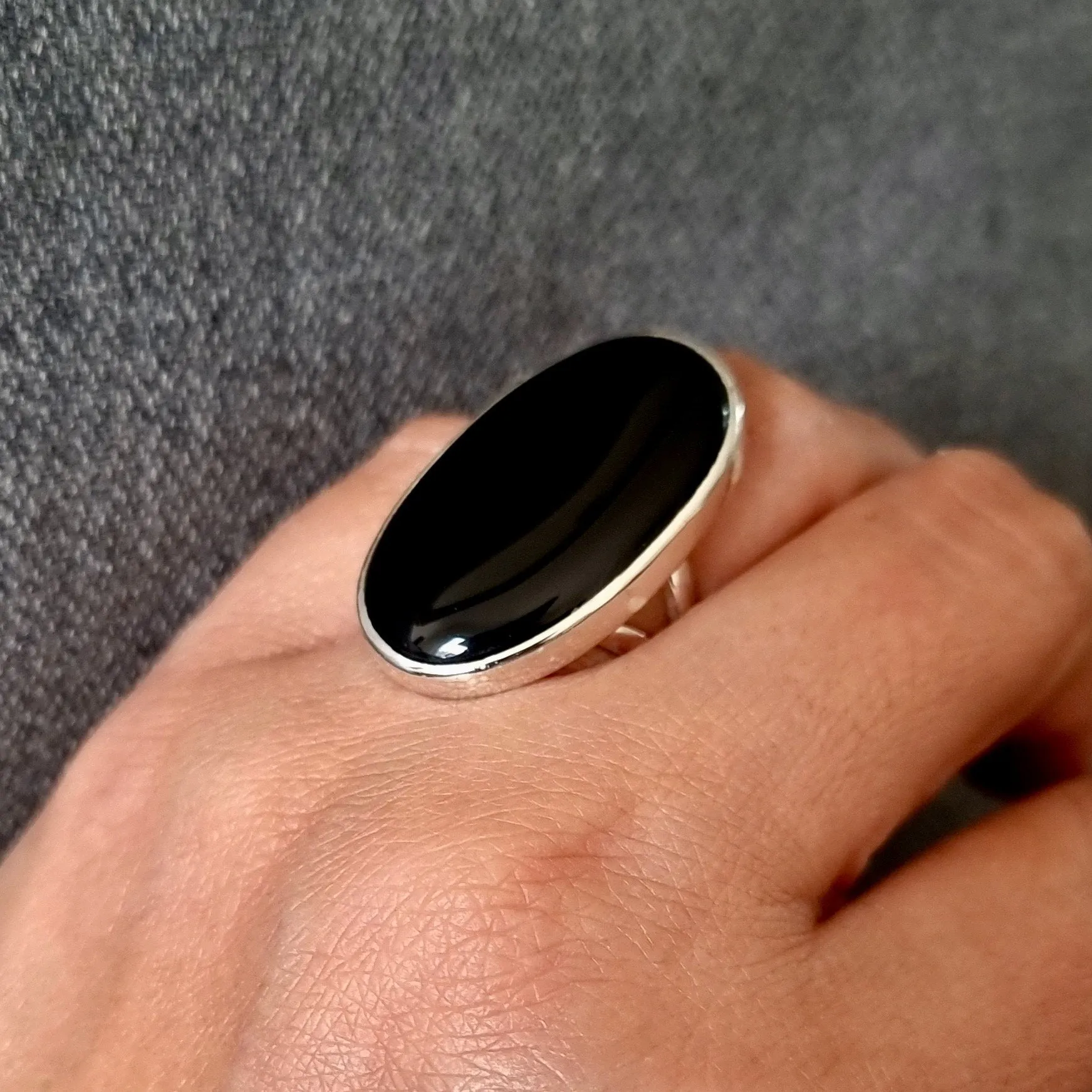 Large Adjustable Black Onyx Sterling Silver Ring, R236