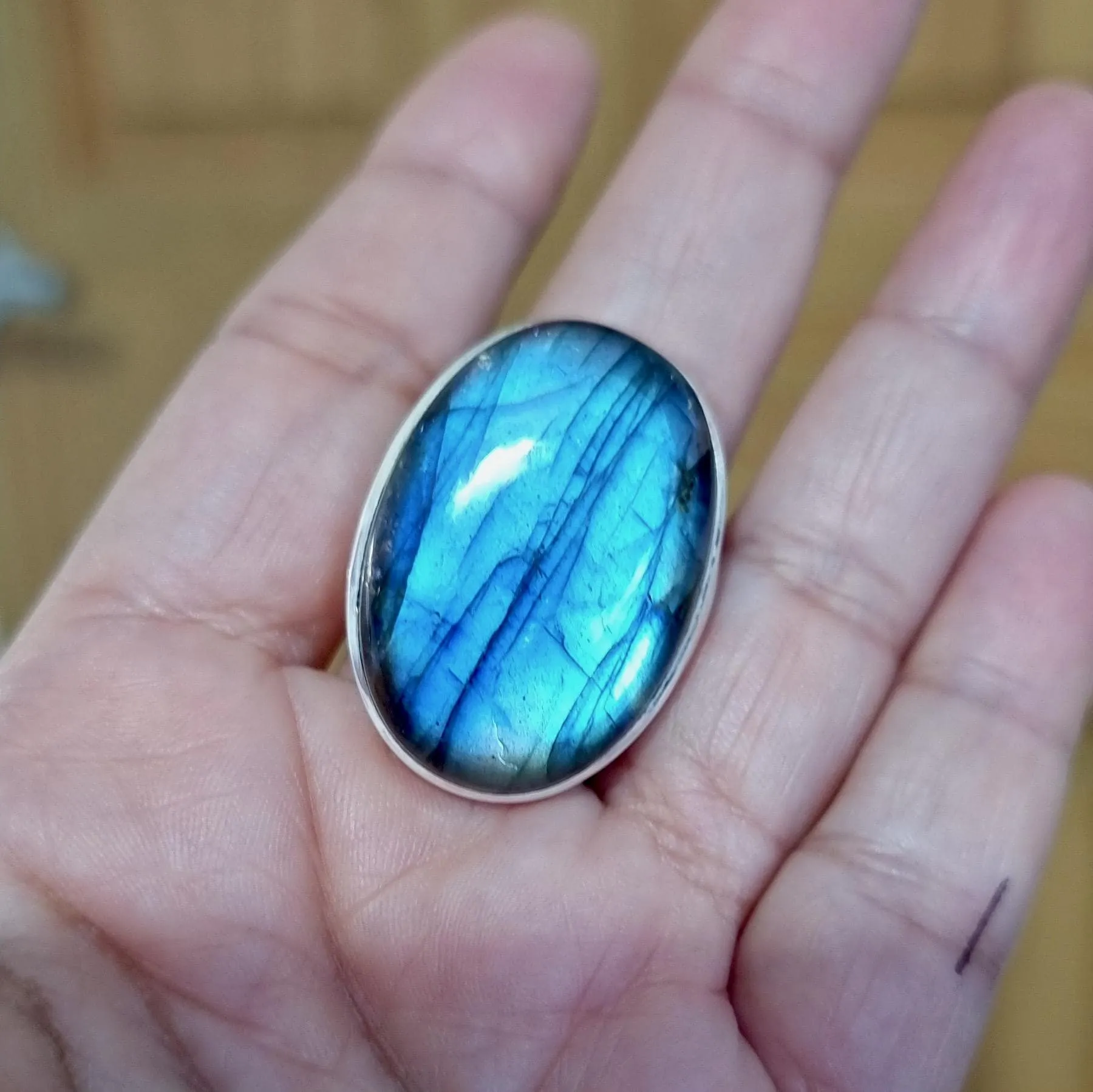Large Adjustable Oval Labradorite Ring, 925 Sterling Silver, R168