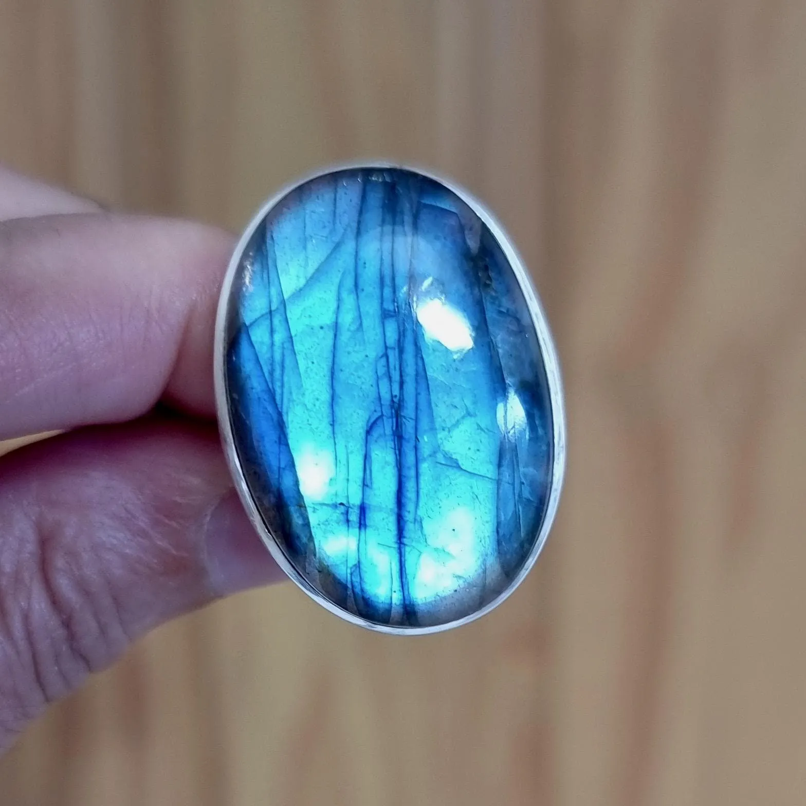 Large Adjustable Oval Labradorite Ring, 925 Sterling Silver, R168