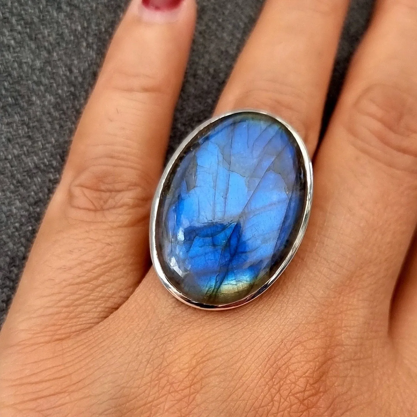 Large Adjustable Oval Labradorite Ring, 925 Sterling Silver, R168