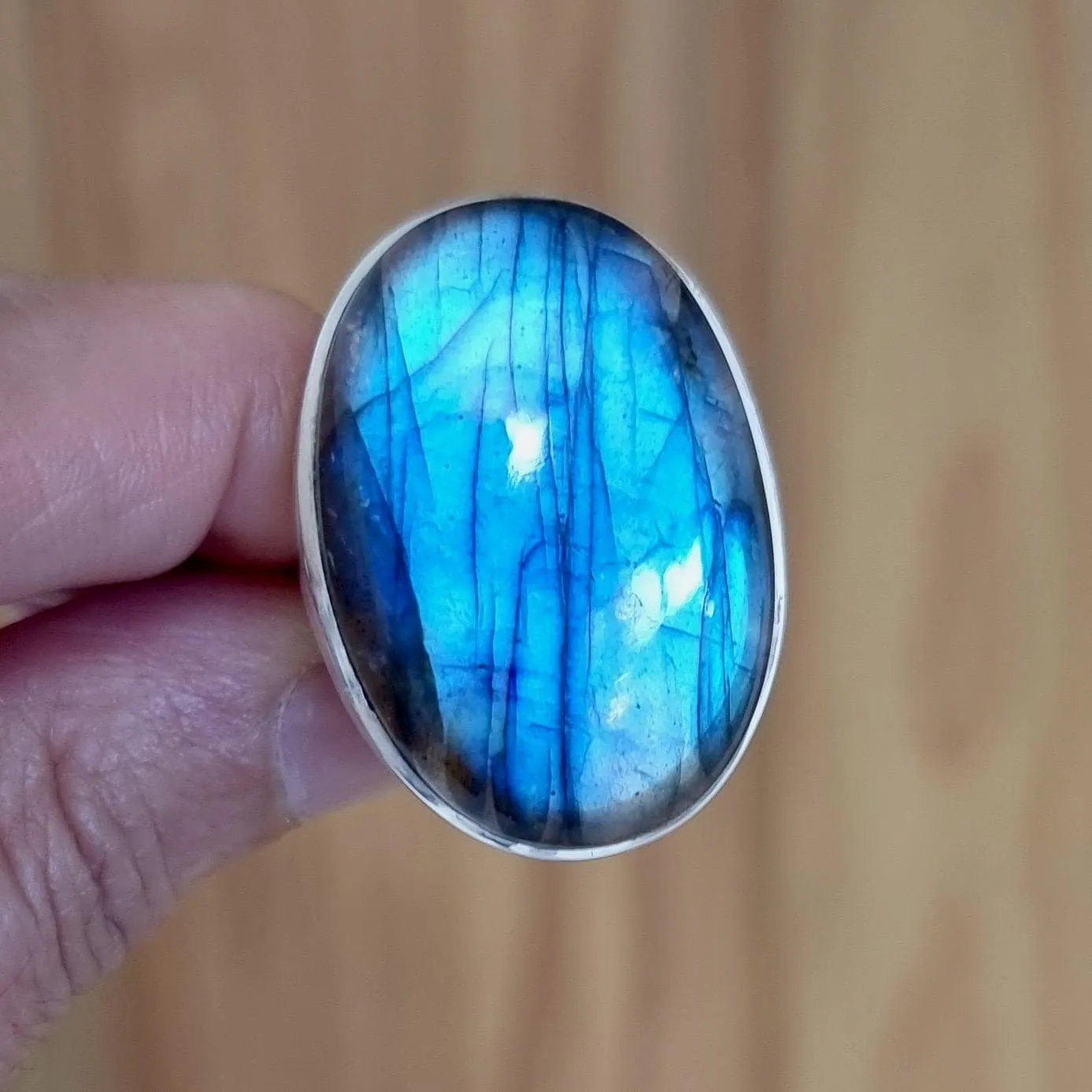 Large Adjustable Oval Labradorite Ring, 925 Sterling Silver, R168