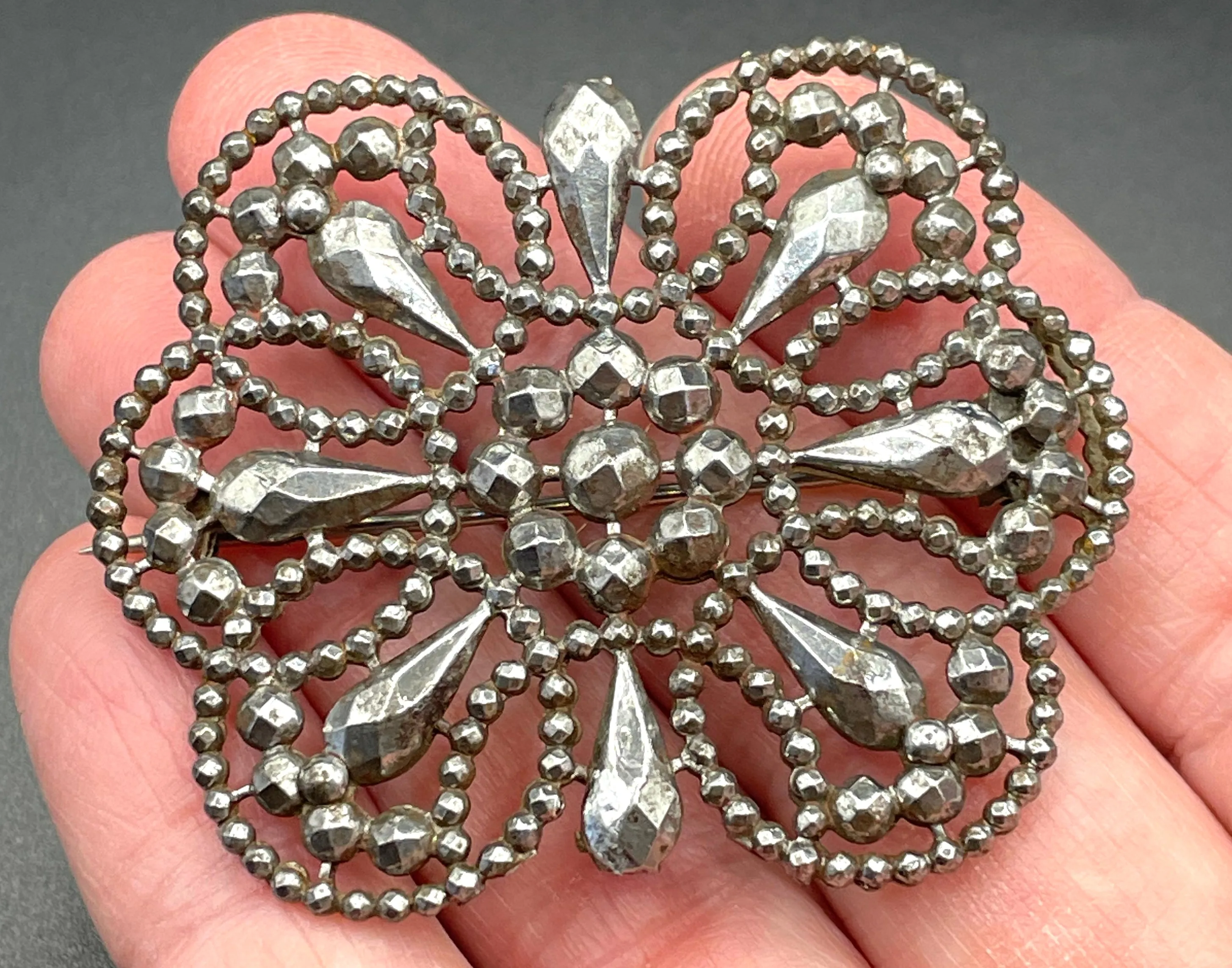 Large antique Georgian cut steel faceted brooch, rectangular shaped, beautifully ornate sparkly piece