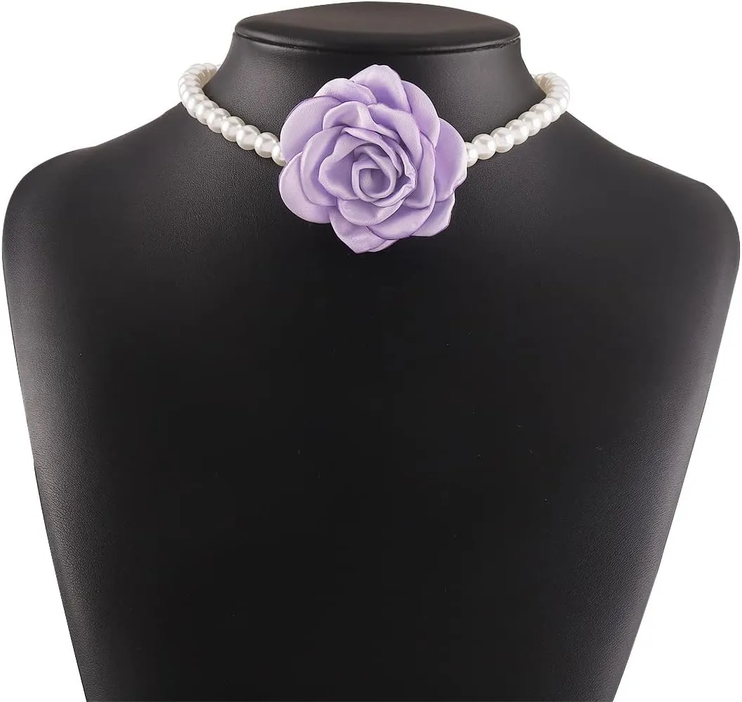 Large Rose Flower Pearl Choker Necklaces, Vintage French Camellia Charm Short Clavicle Necklaces, Fashion Statement Jewelry Gifts for Women