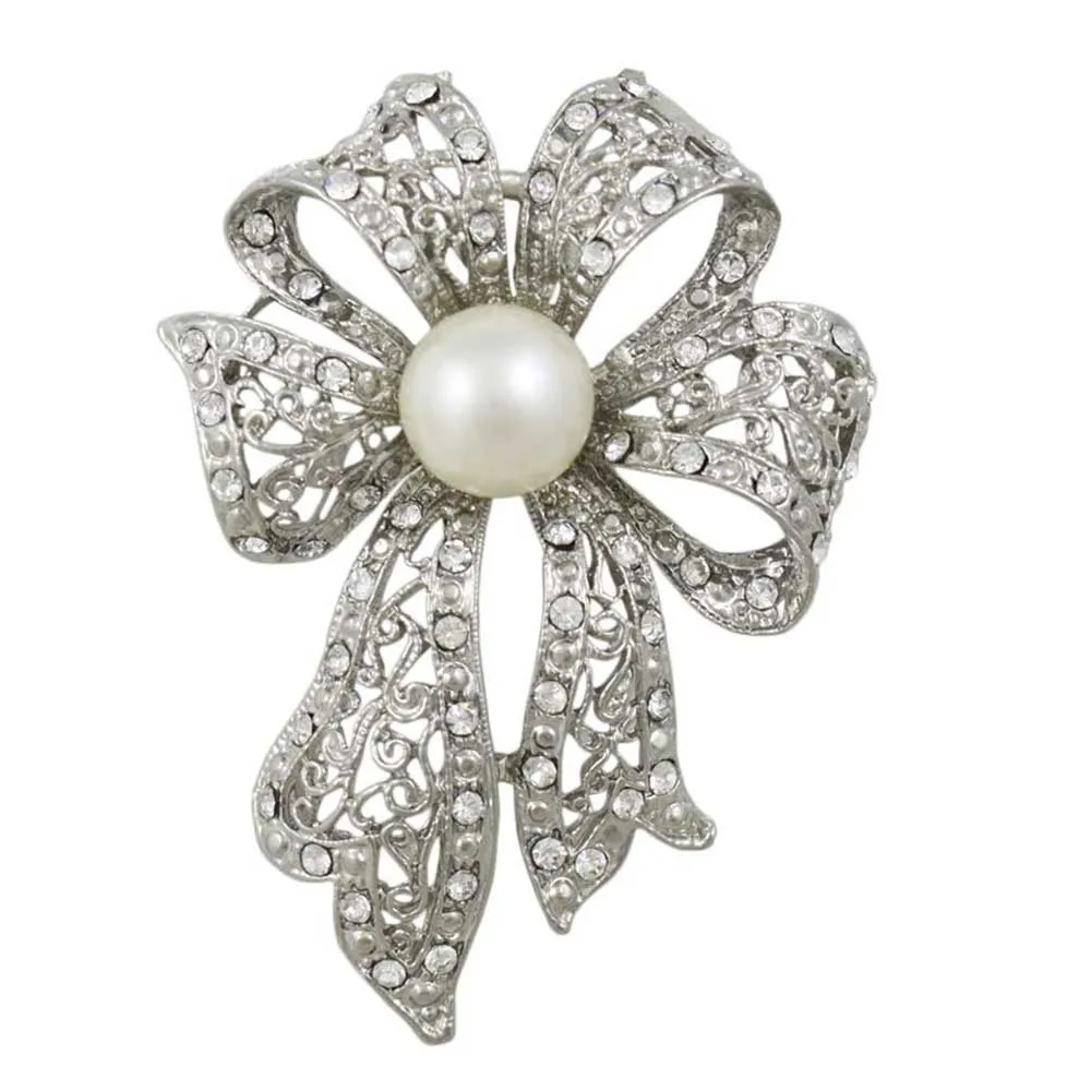 Large Silver Filigree Crystal Bow with White Pearl Pin - PRP261