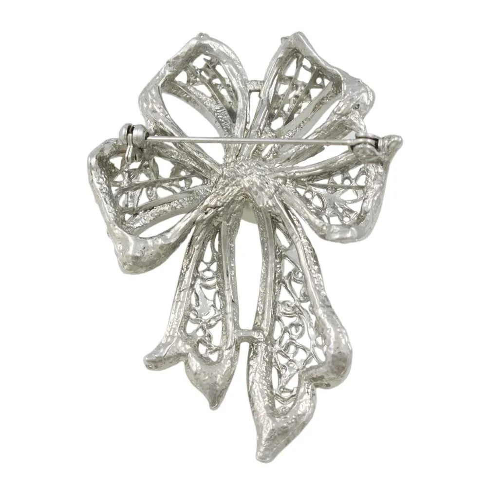 Large Silver Filigree Crystal Bow with White Pearl Pin - PRP261