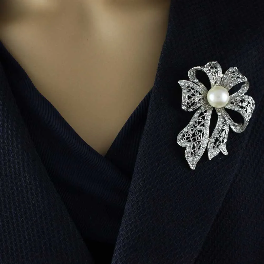 Large Silver Filigree Crystal Bow with White Pearl Pin - PRP261
