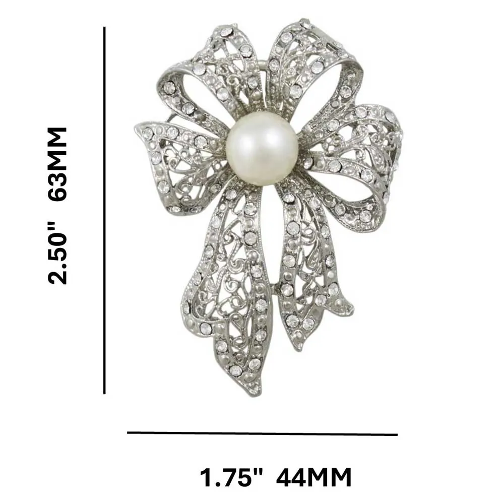 Large Silver Filigree Crystal Bow with White Pearl Pin - PRP261