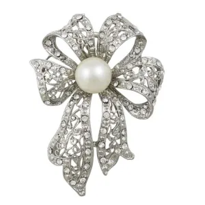 Large Silver Filigree Crystal Bow with White Pearl Pin - PRP261
