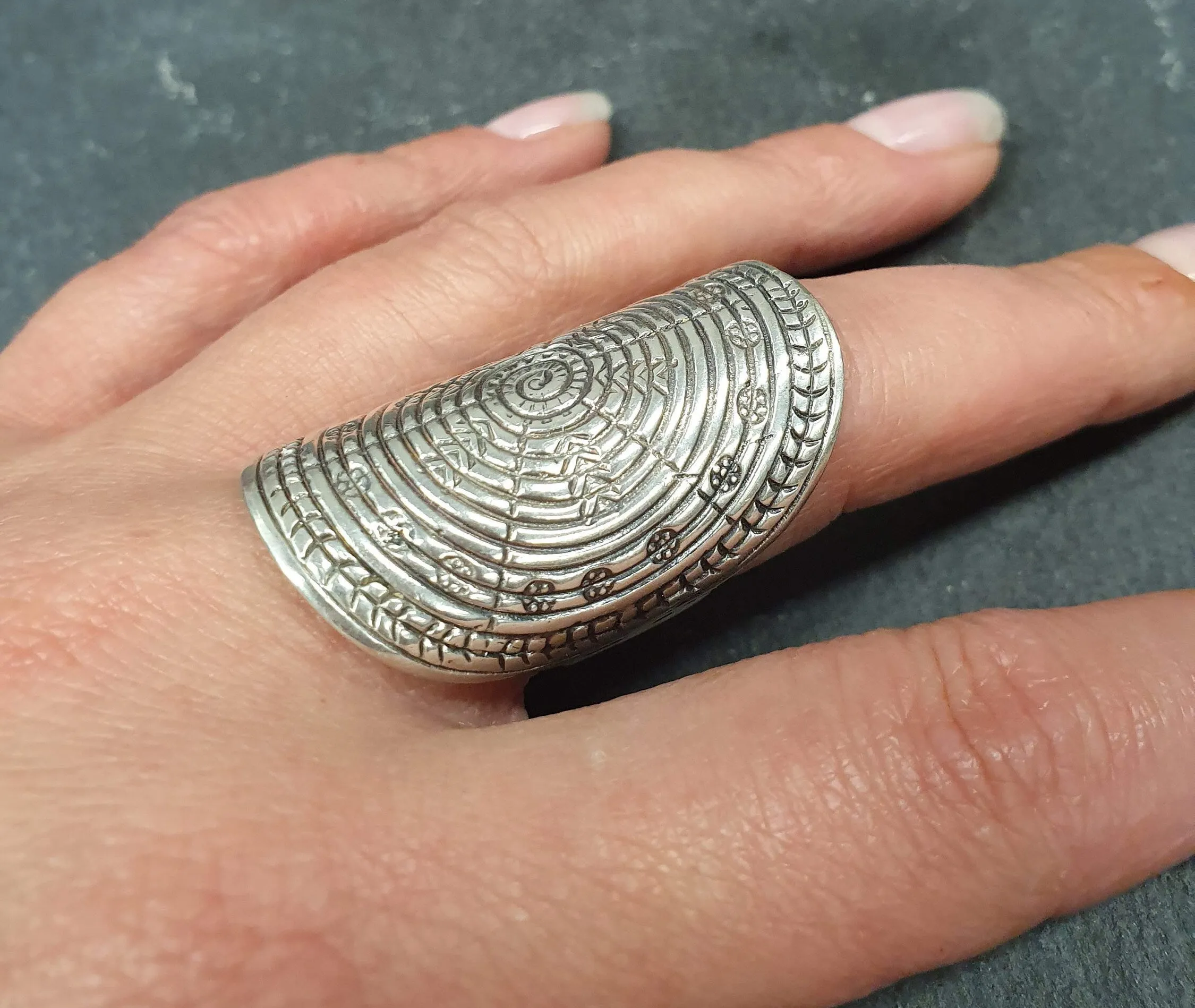 Large Tribal Ring - Long Shield Ring - Silver Statement Ring