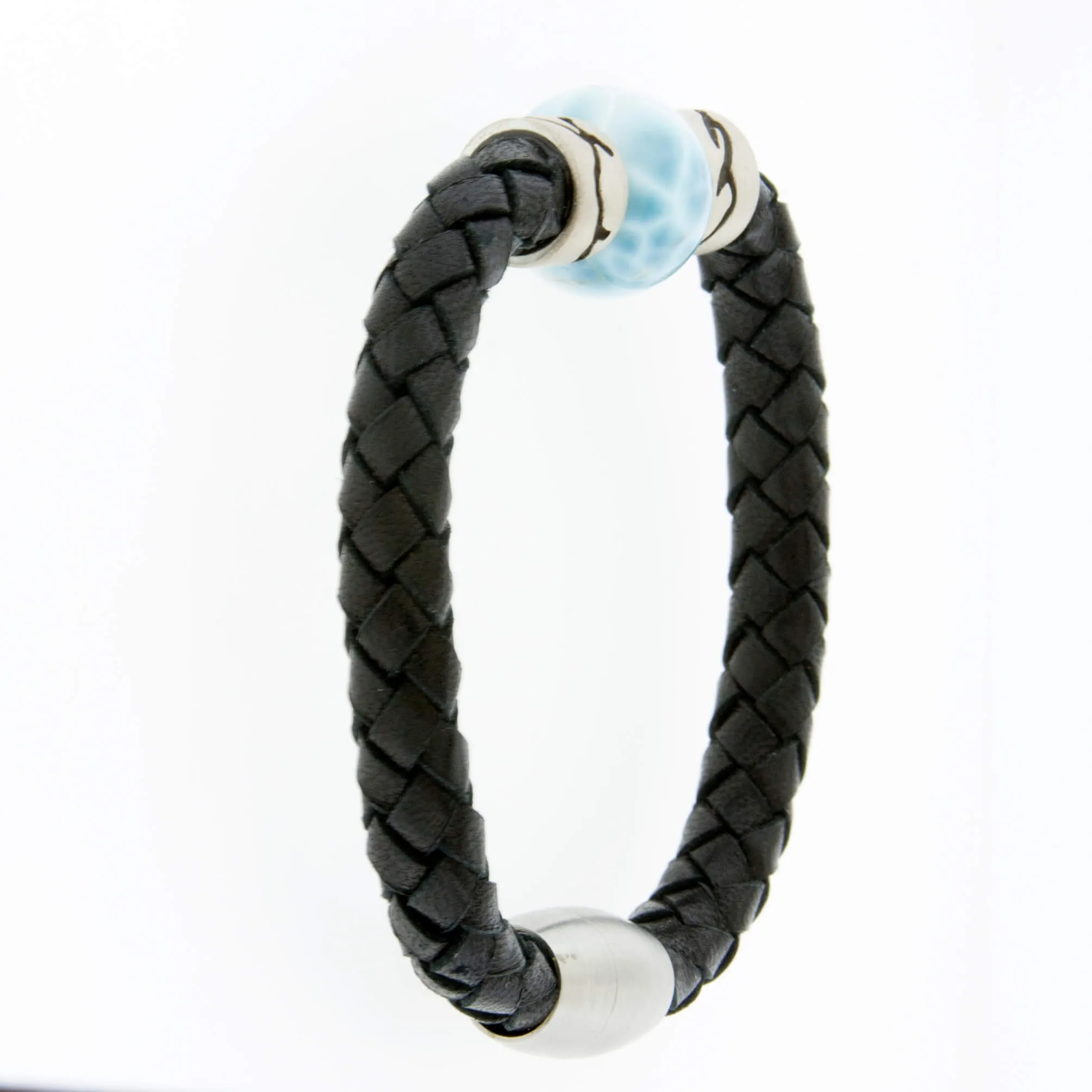 Larimar & Mountain Bead on Woven Leather Sterling Silver Bracelet