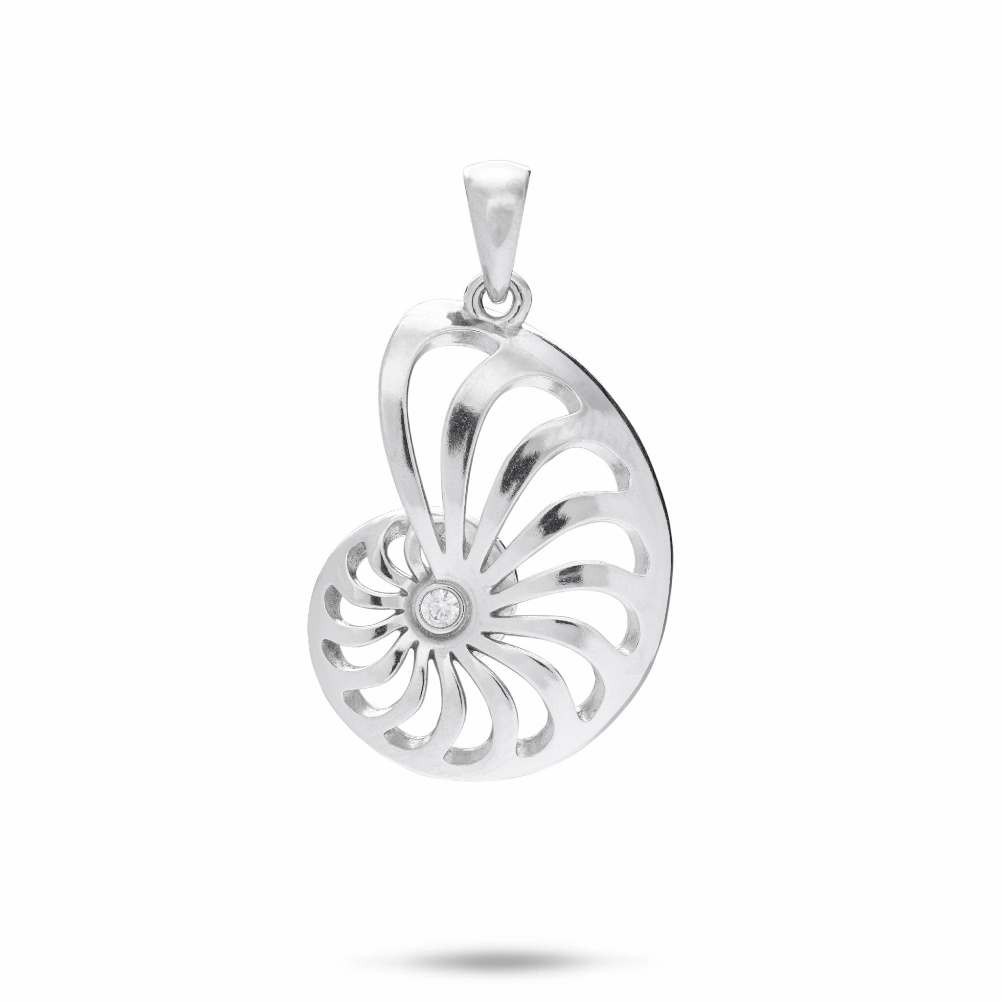 Vintage Pop Refined Edge Nautilus Pendant in Sterling Silver with Cubic Zirconia - 25mm