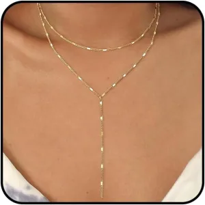 Layered Gold Chain Pendant Necklaces for Women Simple Stackable Long Choker Necklaces Adjustable Y Drop Necklaces Minimalist Jewelry Accessories