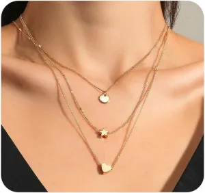 Layered Gold Heart Star Pendant Necklaces Set for Women Stackable Love Coin Chain Necklaces Adjustable Pentagram Choker Necklaces Jewelry Accessories