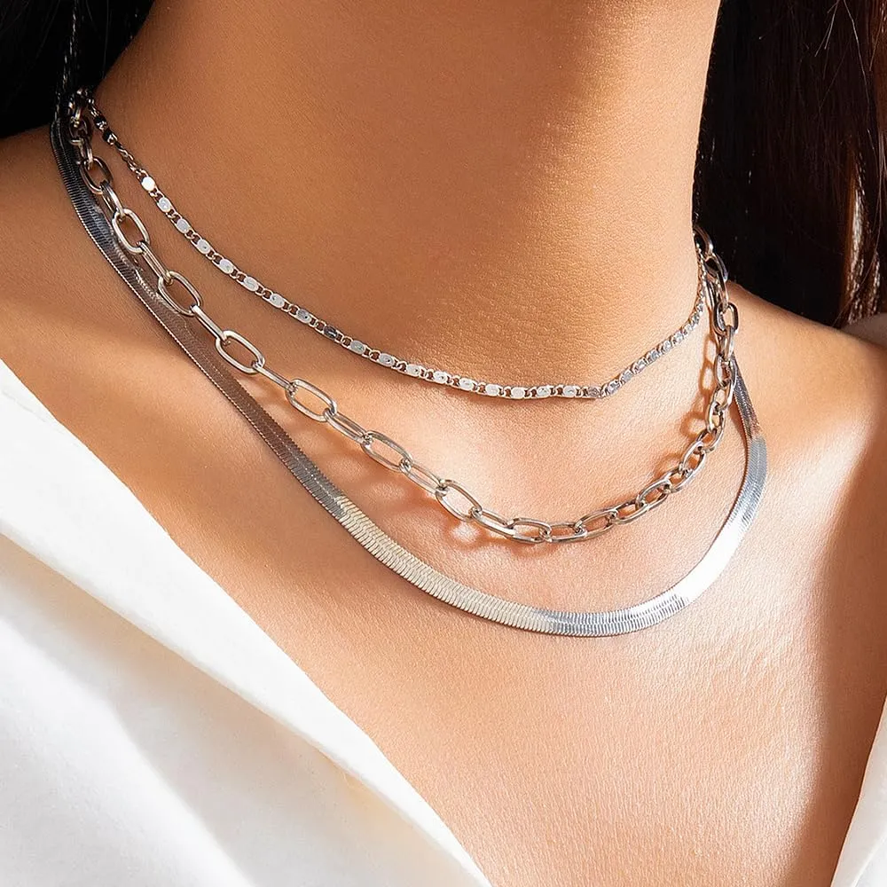 Layered Gold Link Choker Necklaces Set for Women Chunky Adjustable Snake Bone Chain Necklaces Retro Stackable Silver Necklaces Jewelry Accessories