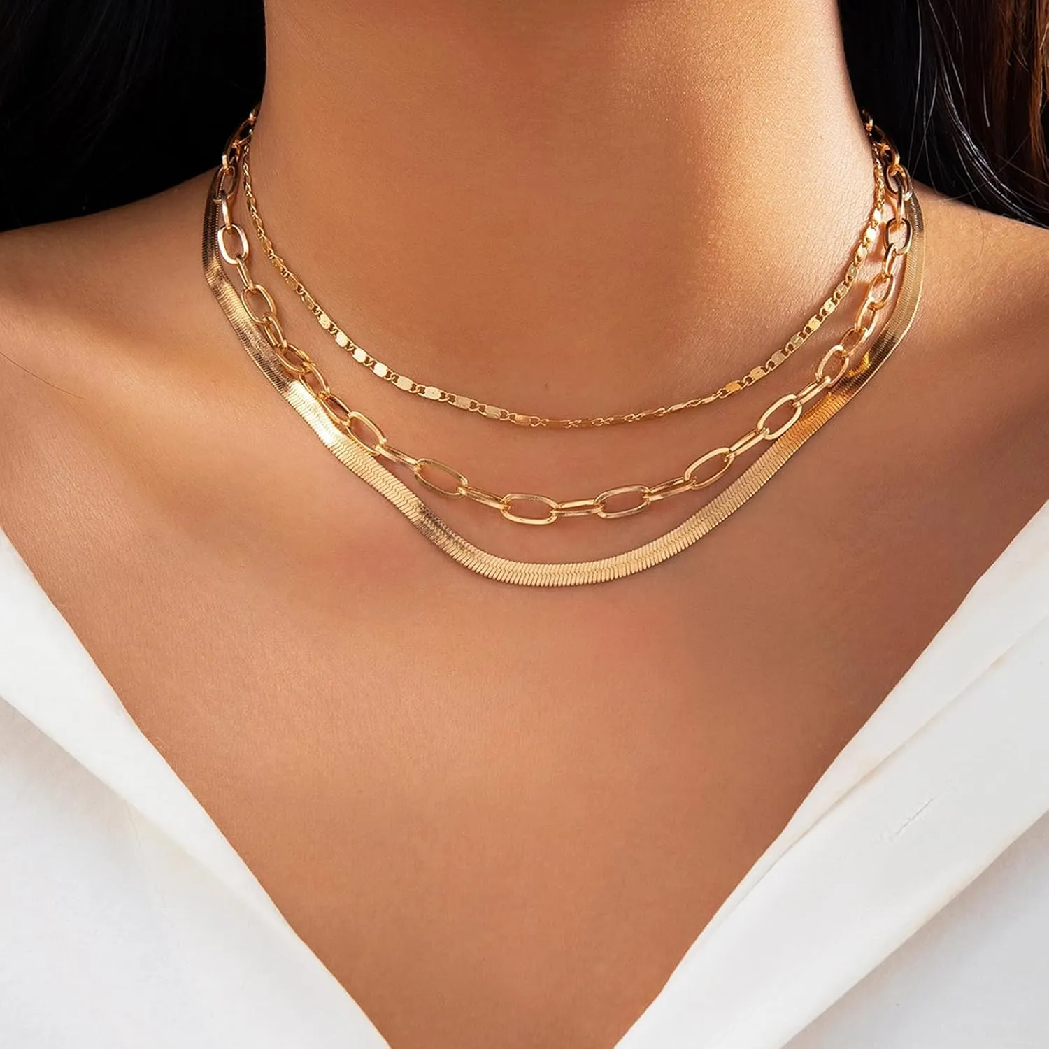 Layered Gold Necklaces for Women Dainty 14K Gold Plated Snake Chain Layered Necklaces Stacked Necklaces Herringbone Necklace Gold Jewelry Gift for Women