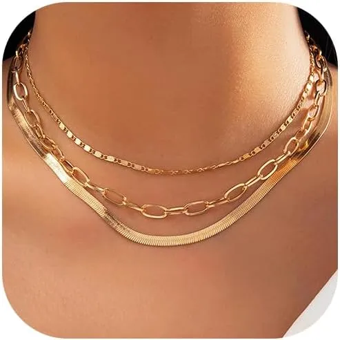 Layered Gold Necklaces for Women Dainty 14K Gold Plated Snake Chain Layered Necklaces Stacked Necklaces Herringbone Necklace Gold Jewelry Gift for Women