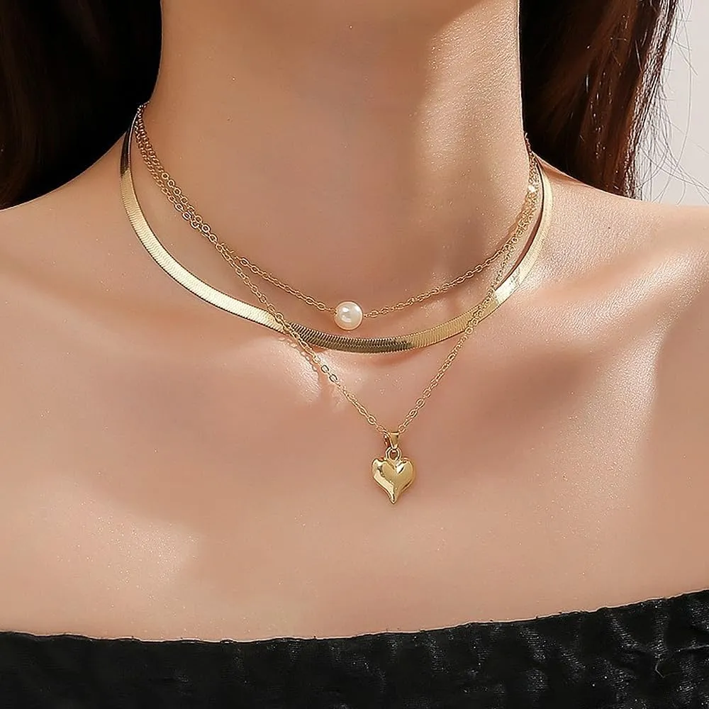 Layered Heart Pearl Pendant Necklaces for Women Dainty Gold Herringbone Chain Choker Necklaces Stackable Link Bead Necklaces Jewelry Gift