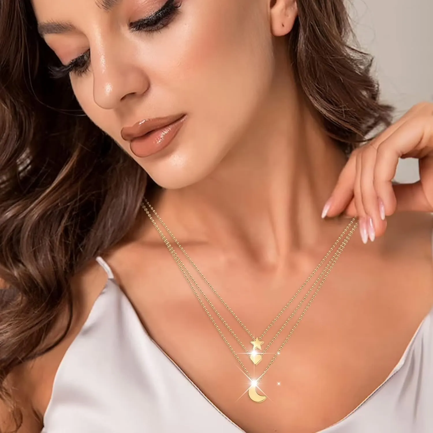 Layered Initial Necklace Silver Choker Necklace for Women Thick Silver Necklace for Women Gold Cross Necklace Women Star Moon Heart Pendant Necklace Pendant Collarbone Chain Female (Gold, One Size)