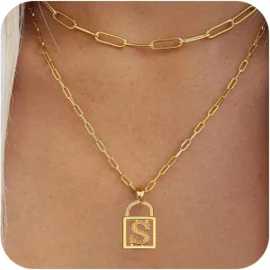 Layered Initial Necklaces for Women, 14K Gold Plated Dainty Paperclip Chain Necklace Simple Lock Letter Pendant Personalized Initial Choker Necklace Gold Layered Necklaces for Women Mother's Day Jewelry Gifts