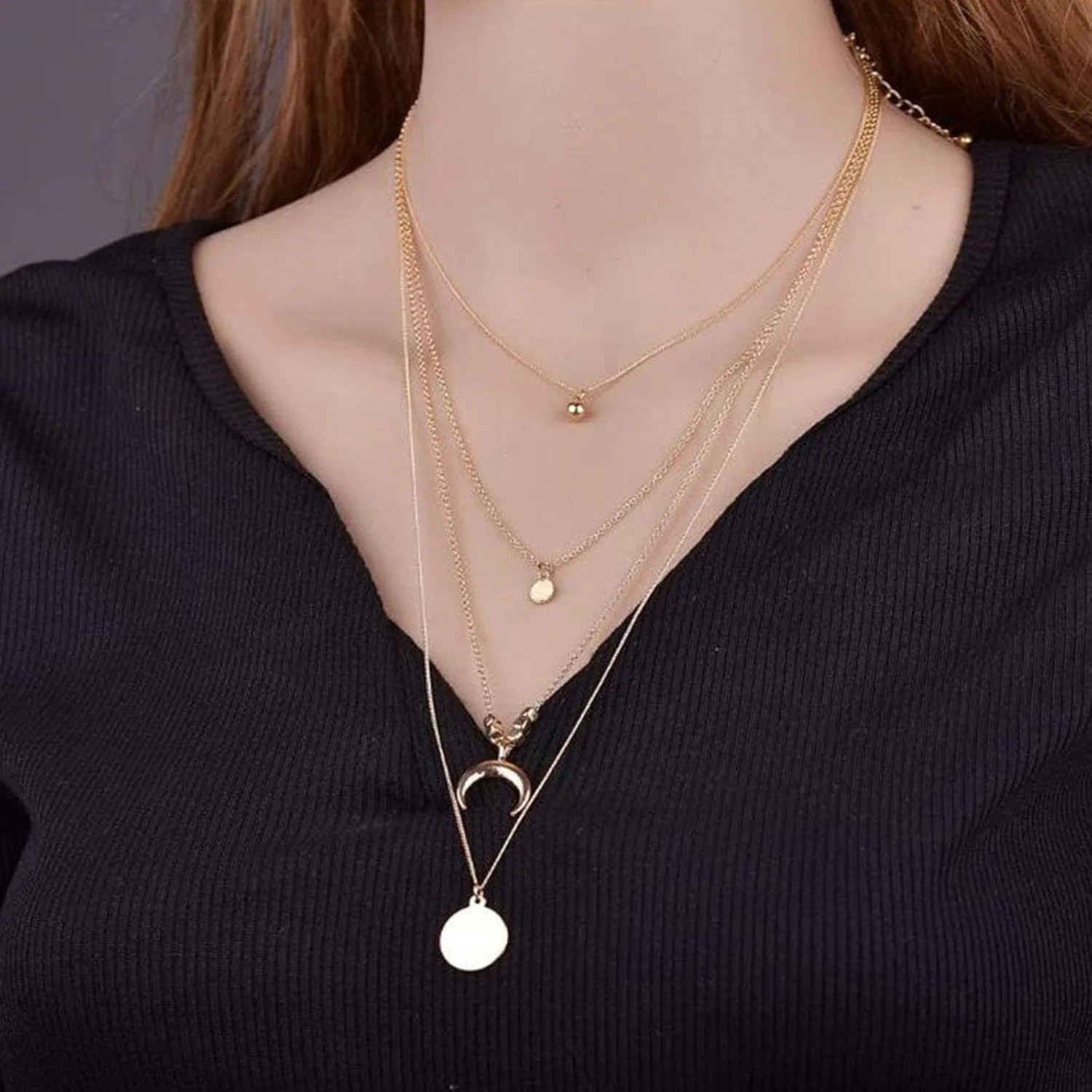 Layered Necklace for Women Boho Choker Moon Pendant Necklace Minimalist Design Layering Necklaces (Gold, One Size)
