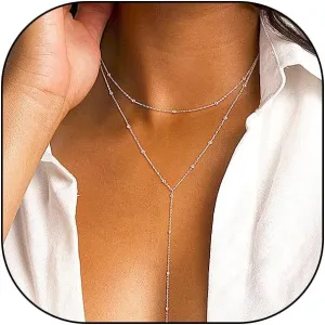 Layered Silver Beaded Necklaces for Women Her Dainty Gold Long Chain Link Necklaces Lariat Y Pendant Necklaces Fashion Jewelry Accessories
